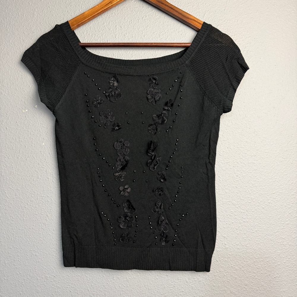 Chic Y2K Black Sh/SL Whimsigoth Retro Top Embellished Flowers Beaded Mesh Yoke